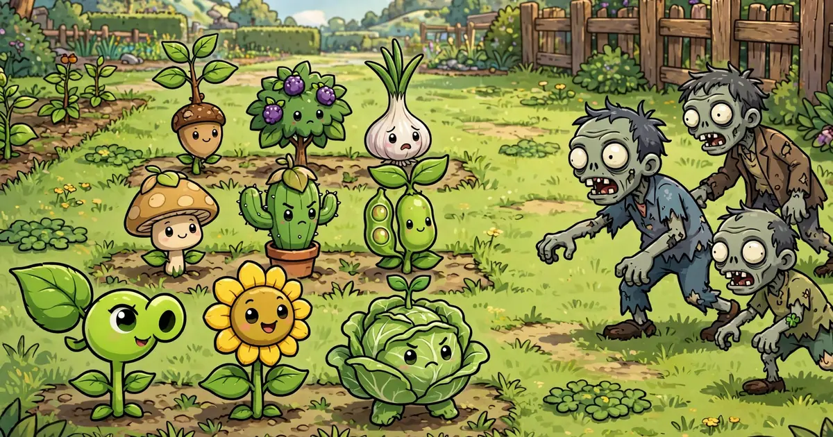 Garden lawn with three labeled defensive plant formations holding against zombies