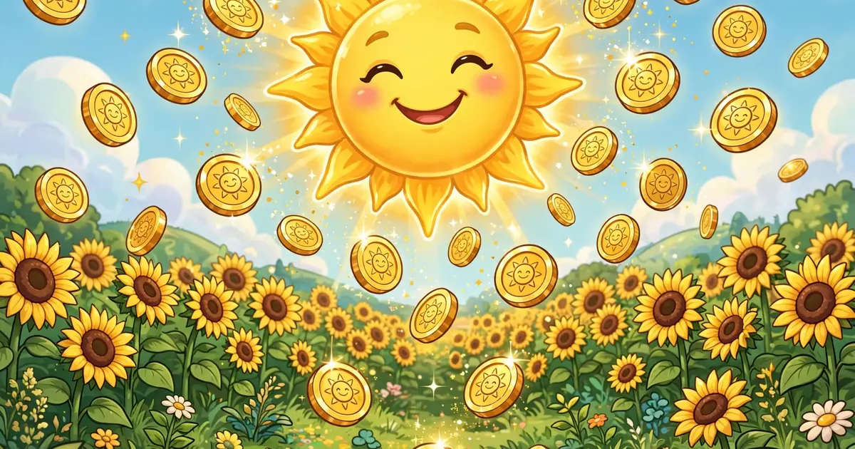 Golden sun tokens falling over a garden lawn with sunflowers collecting them
