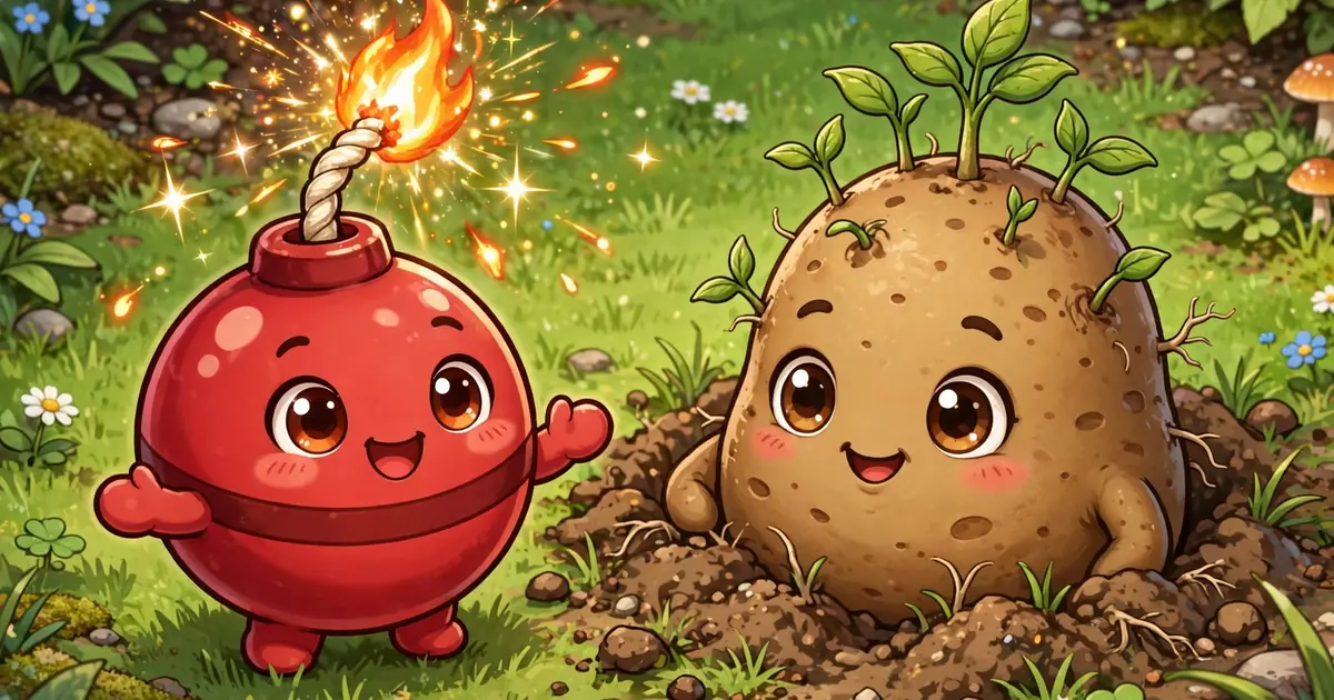 Cherry bomb and potato mine plants with a fuse spark on a garden lawn
