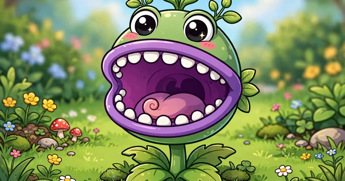 Cartoon chomper plant with open jaws on a garden lawn