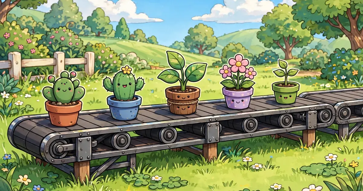 Conveyor belt delivering potted plants across a garden lawn