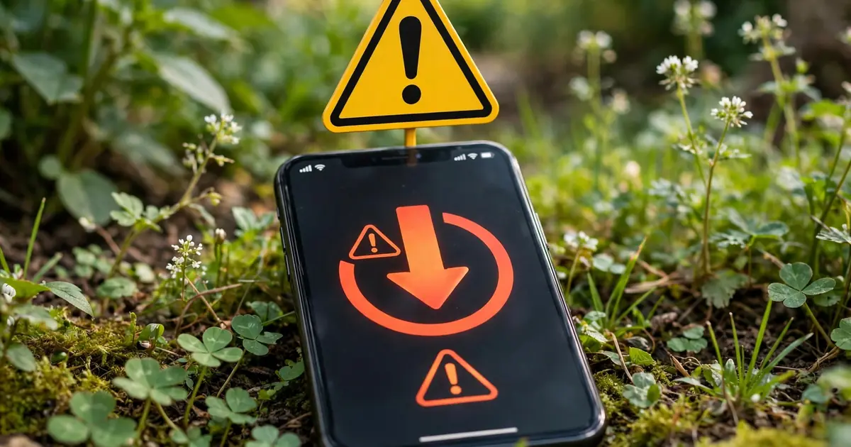 Warning sign over a smartphone with a suspicious download on a garden background