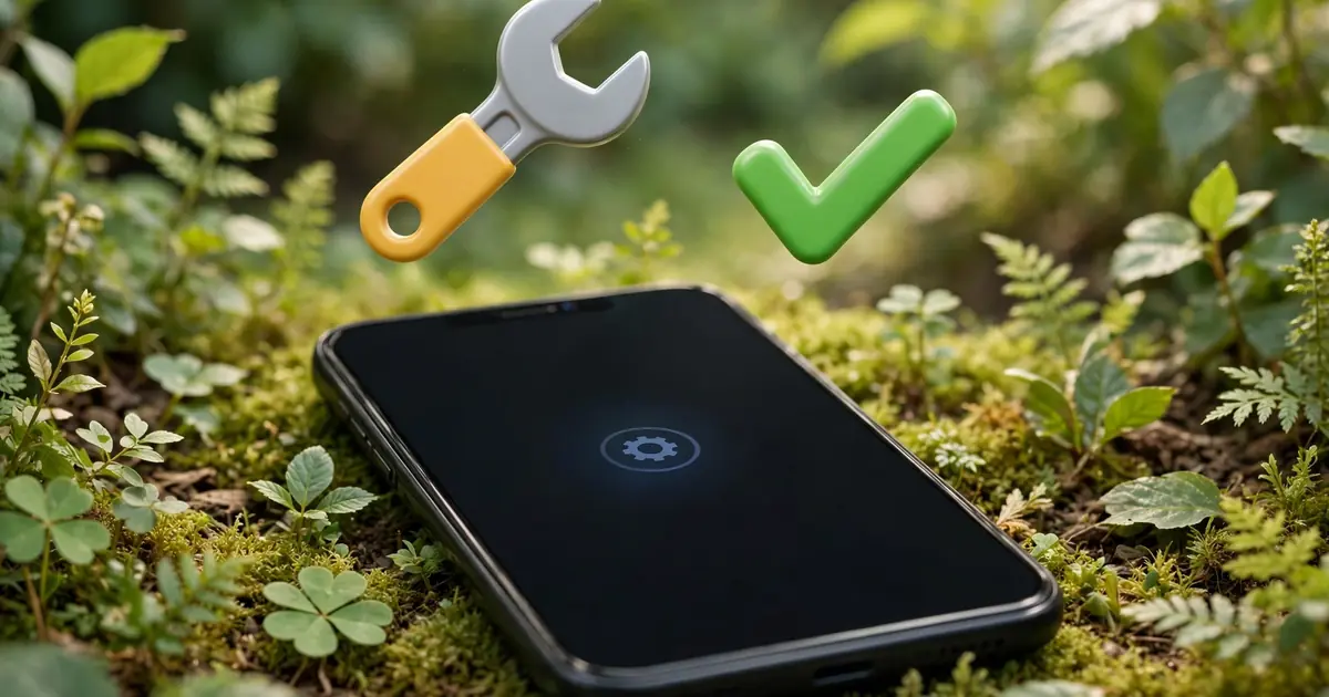 Android phone with a troubleshooting wrench icon over a garden themed background