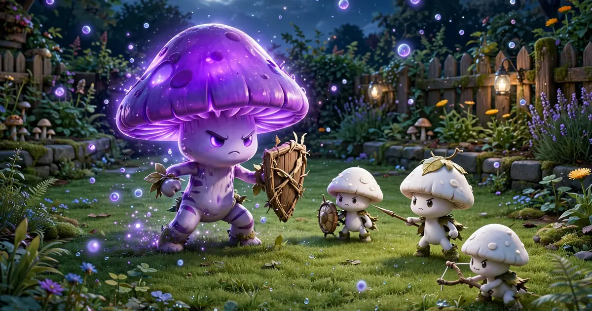Glowing mushrooms defending a moonlit garden lawn against zombies