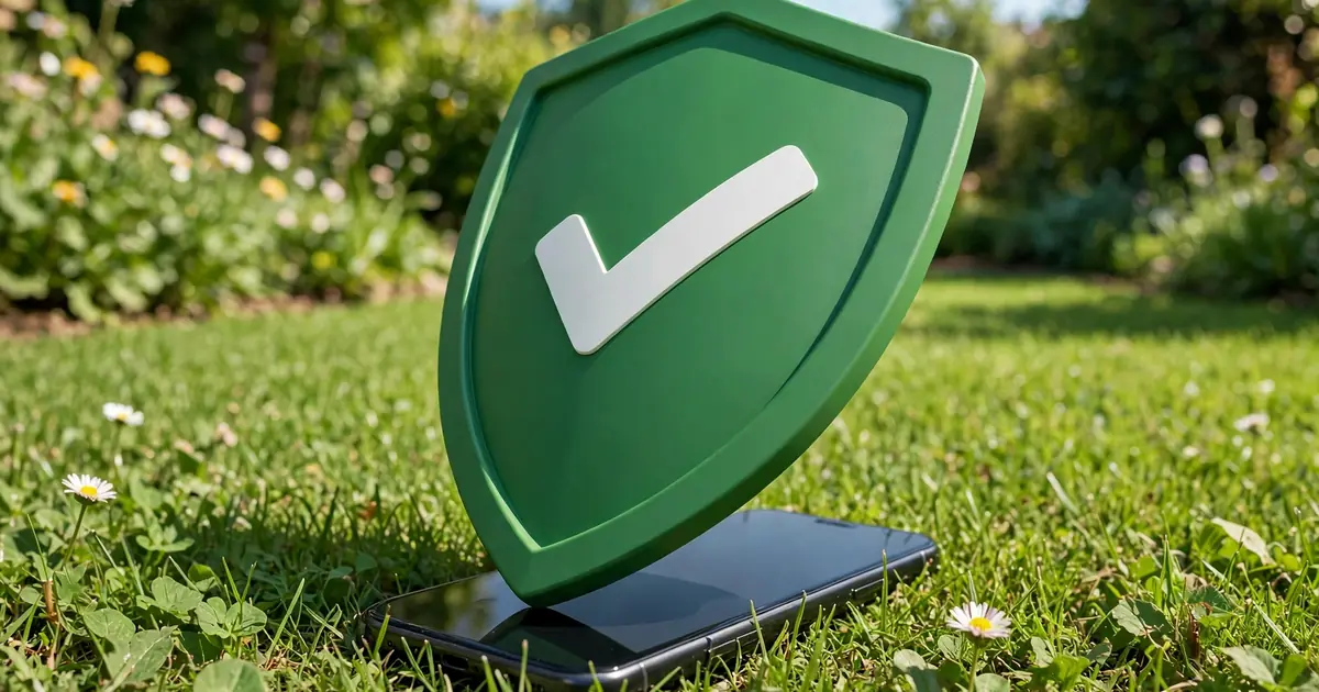 Shield with a checkmark over a smartphone on a garden lawn background
