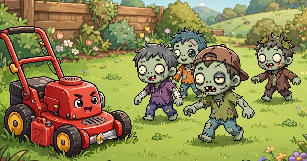 Red lawn mower at the edge of a garden lawn with zombies approaching