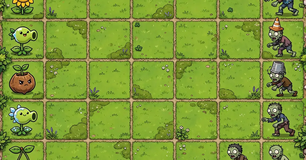 Top-down view of a garden lawn grid with plant defenders holding five rows against incoming zombies
