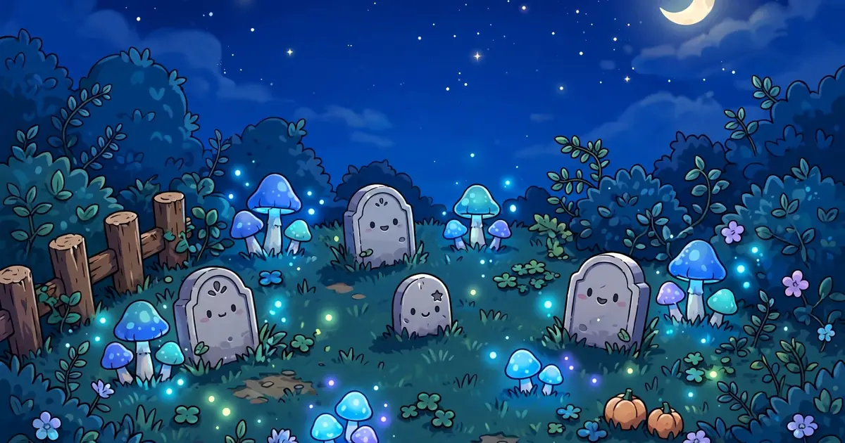 Moonlit garden lawn with gravestones and glowing mushrooms defending against zombies