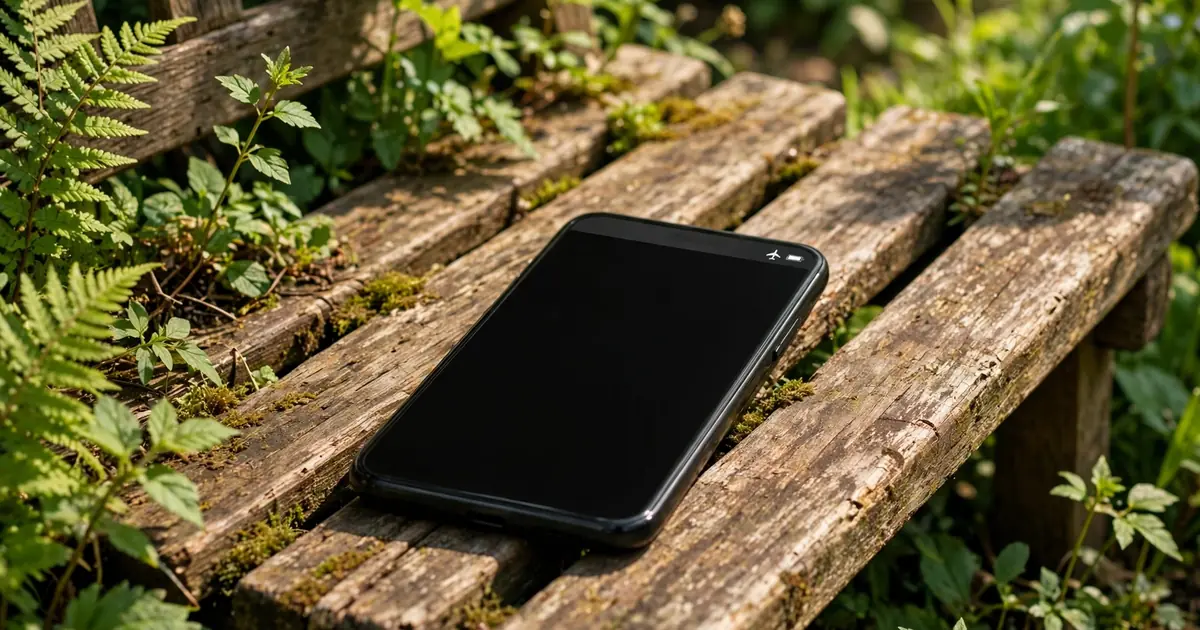 Smartphone in airplane mode on a garden bench with plants around