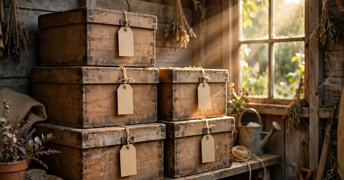 Archive boxes labeled with version numbers in a garden shed