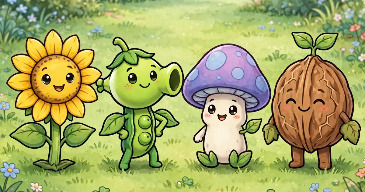 Illustrated lineup of cartoon plant defenders on a garden lawn at sunrise
