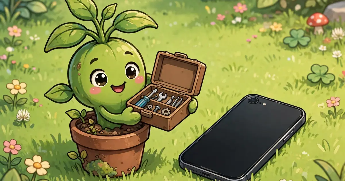 Cartoon zombie and plant characters with a repair toolkit on a lawn