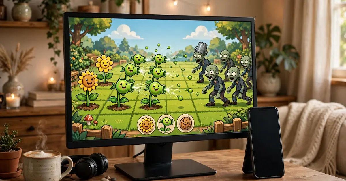 Desktop monitor showing a garden lawn defense game with a phone beside it
