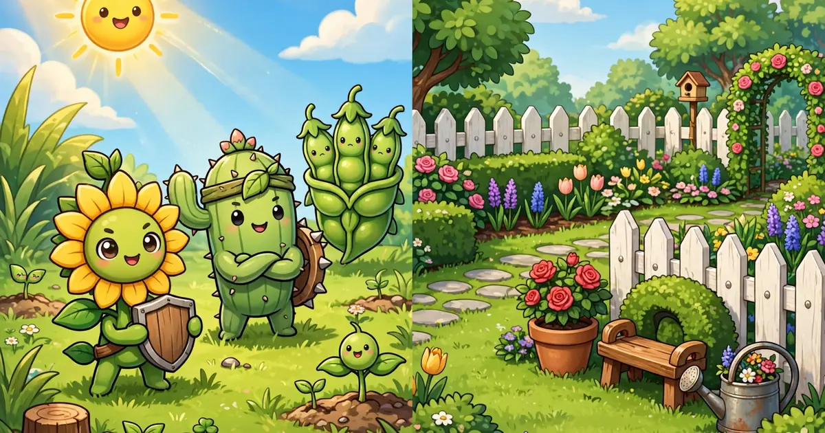 Side by side comparison illustration of a cartoon lawn defense game versus the classic formula