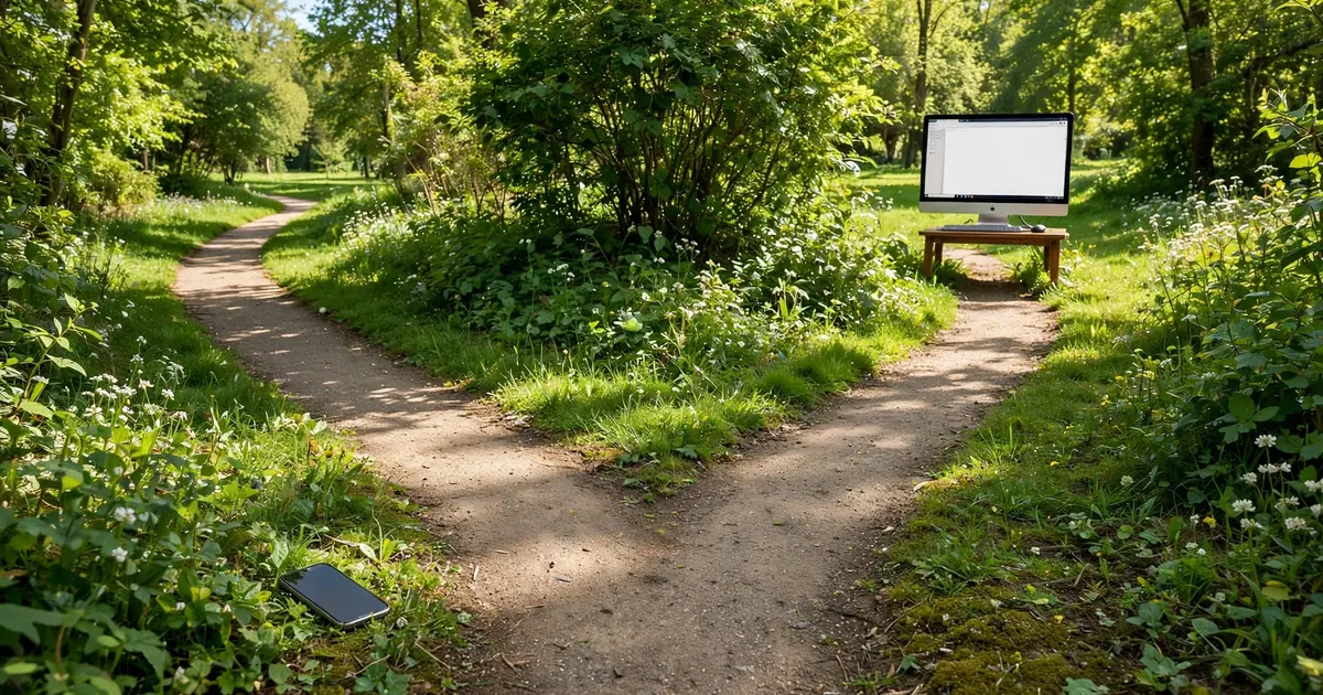 Two garden paths diverging, one leading to a phone and one to a browser window