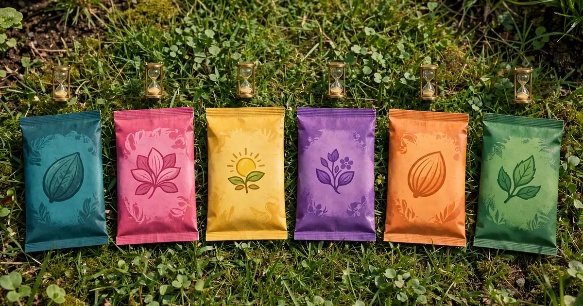 Seed packets with hourglasses lined up above a garden lawn