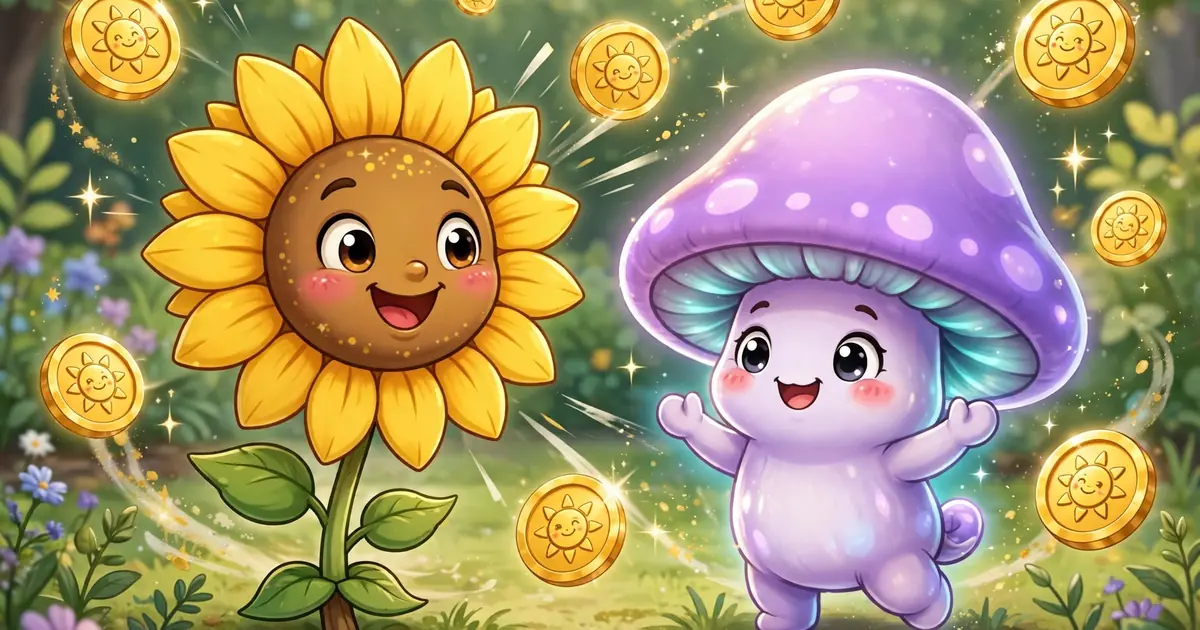 Sunflower and sun-shroom characters side by side with golden sun tokens