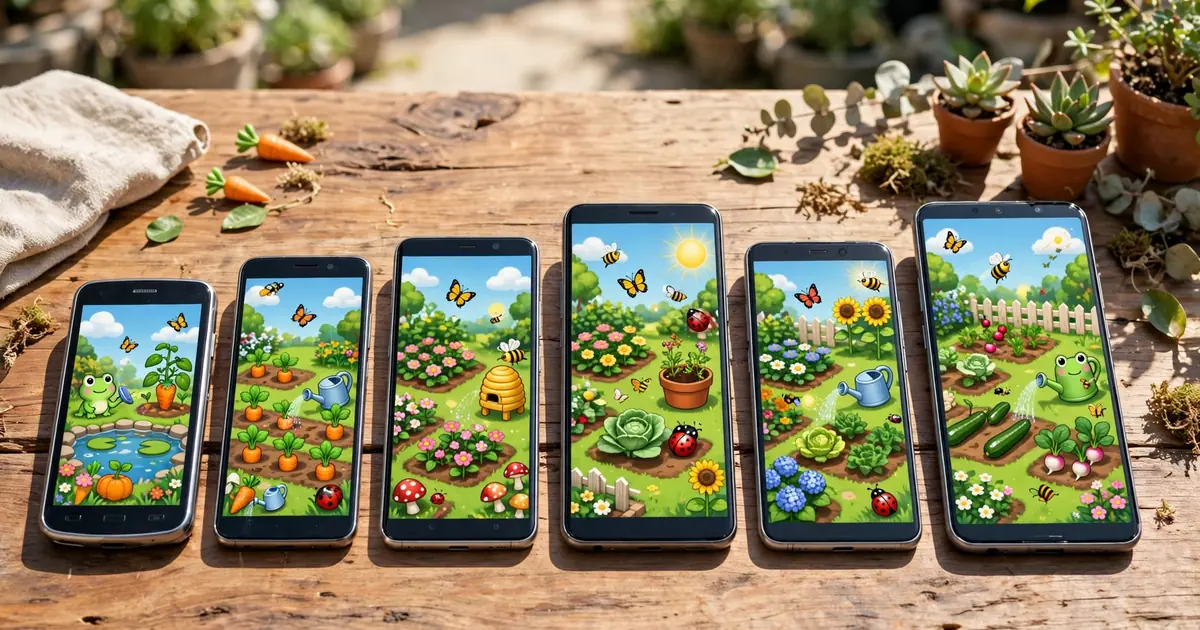 Collection of Android phones with a garden lawn game on screen