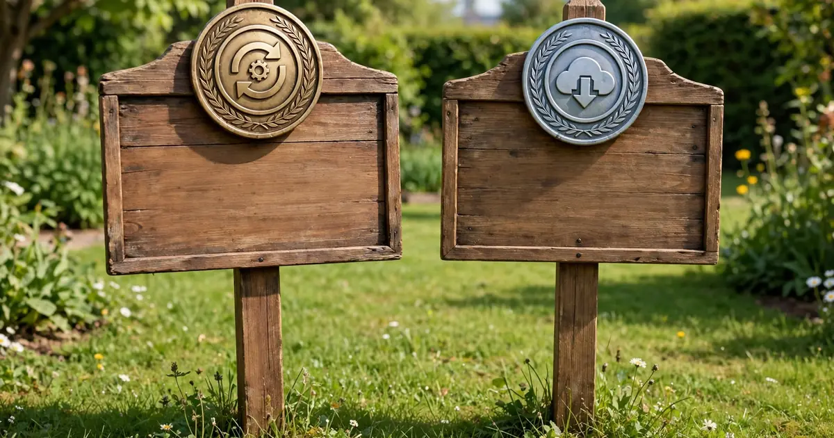 Two version badges v1.0.0 and v1.0.1 side by side on a garden background
