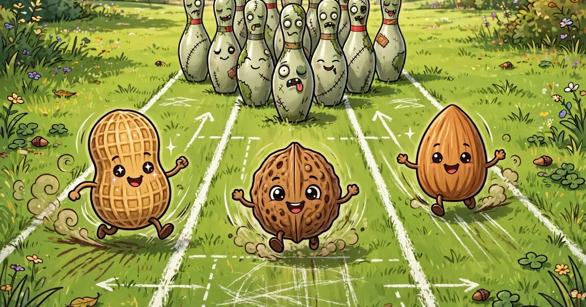 Bowling lane on a garden lawn with rolling wall-nuts knocking down zombie pins