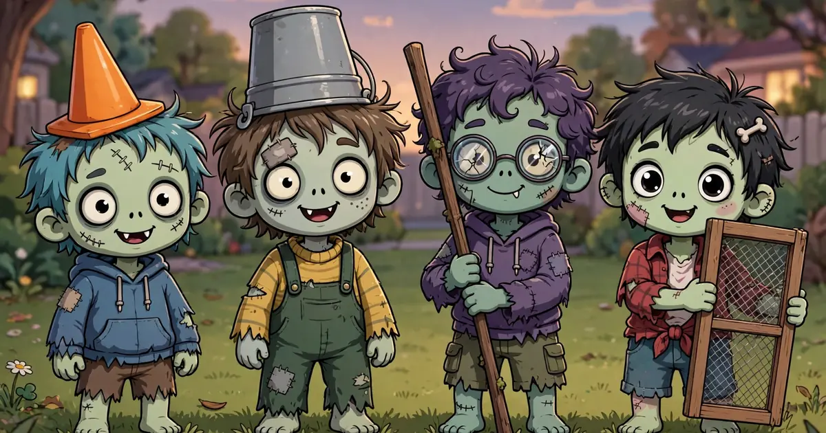 Cartoon zombies of different types marching across a garden lawn at dusk