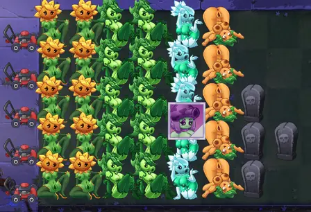 PvZ Lawn gameplay screenshot showing the lawn grid with sunflowers, peashooters, snow peas and wall-nuts defending against zombies