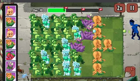 PvZ Lawn day level 10 screenshot showing the seed packet bar, sunflower and peashooter rows, and zombies advancing on the lawn